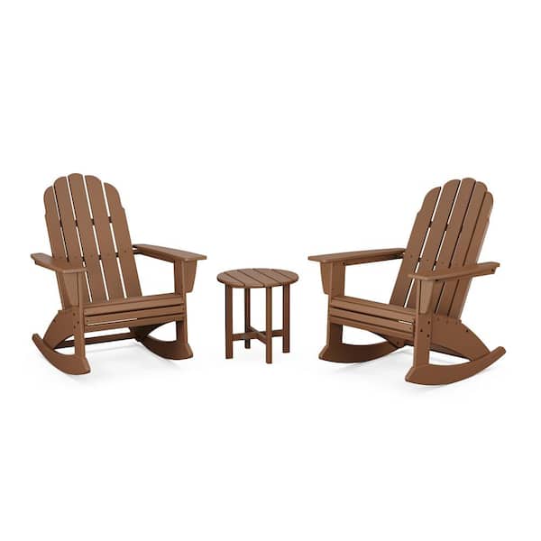POLYWOOD 3-Piece Vineyard Curveback Adirondack Rocking Chair Teak HDPE Plastic Patio Conversation Set