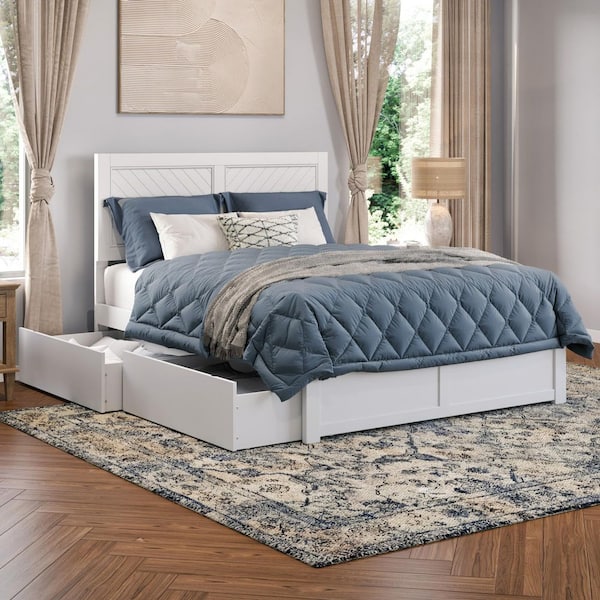 AFI Canyon White Solid Wood Frame Full Platform Bed with Footboard and Set of 2 Bed Drawers