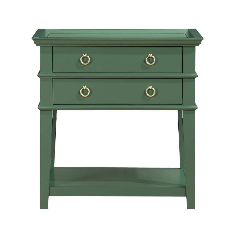 Clara Vintage Green Wood 2-Drawer Tray Top Nightstand