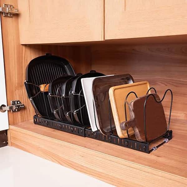 Black Expandable Rack for Cabinet Pot Rack with 10 Adjustable Partitions Kitchen Organizer Holder