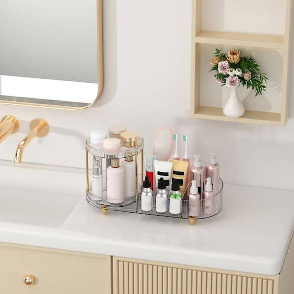 Clear Rotating Makeup Organizer 10 in. x 6.50 in. Acrylic Modern Decorative Vanity Tray with Multi-Compartment Storage