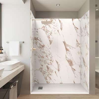 Subtle Series- 60in. x 32in. x84in. Alcove Solid Composite Stone Shower Kit -Caramel Shower Walls L/R WH Shower Pan Base