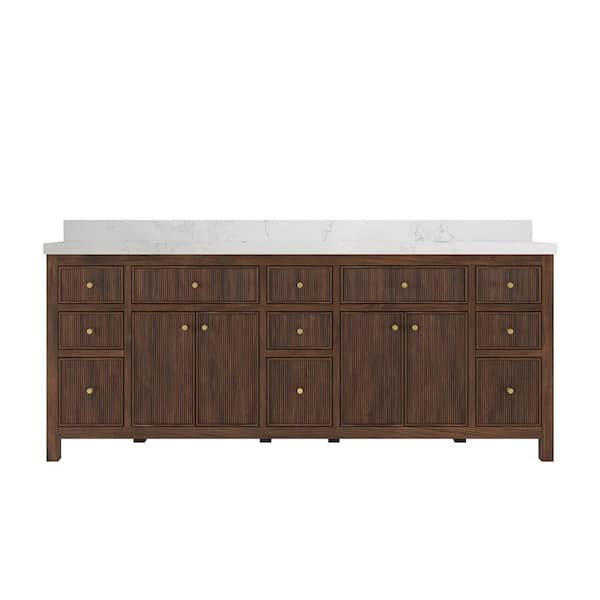 Willow Collections Sonoma Teak 84 in. Double Sink Freestanding Dark Walnut Bath Vanity with Empira White Quartz Top Unassembled