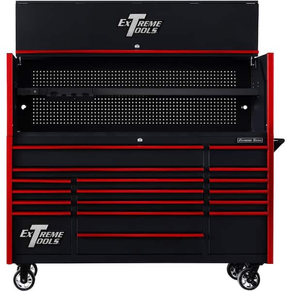 Extreme Tools DX Series 72 in. Professional Hutch and 17-Drawer Roller Cabinet Combo, 100 lbs. Slides, Black with Red Drawer Pulls