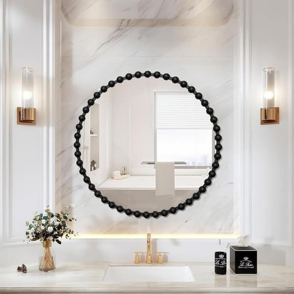 36 in. W x 36 in. H Elegant Round Black Beaded Metal Frame Decorative Mirror Bathroom Mirror Wall Mirror