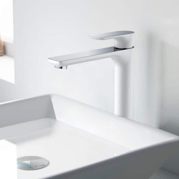 Single Handle Lever Handle Single Hole Bathroom Sink Faucet with Supply Lines and Pop-Up Drain in Chrome/White