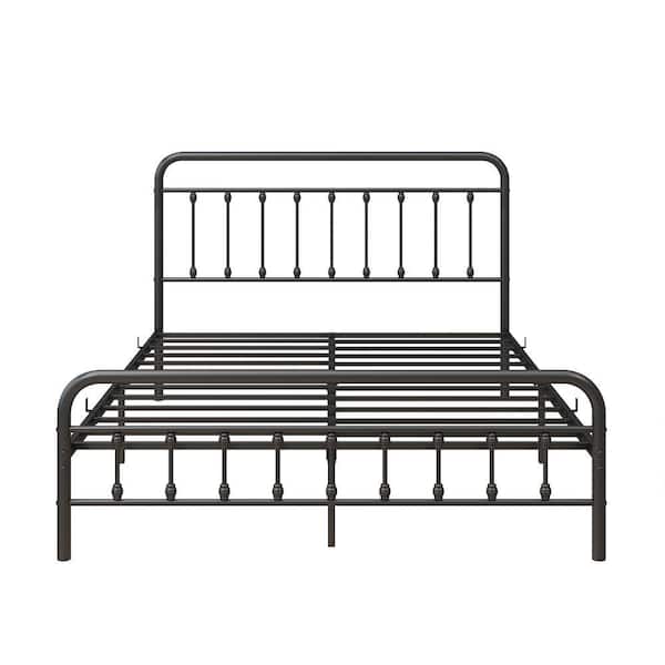 Black Metal Frame Queen Platform Bed with Vintage Headboard