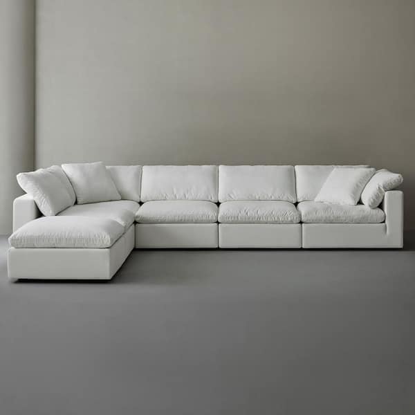 Modern 193 in. Wide Square Arm Linen Fabric L-Shaped Sectional Sofa Combination Sofa 5 Seats with Ottoman in Pearl White