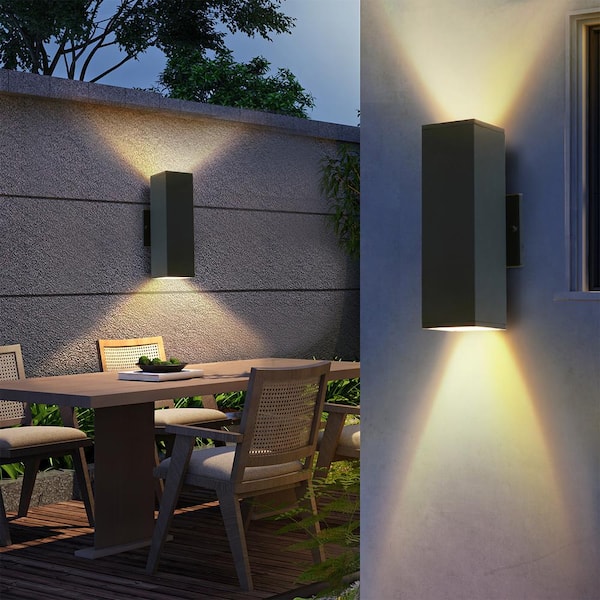 Black Aluminum Outdoor Wall Sconce, Modern Up and Down Weatherproof Wall Light (2-Pack)