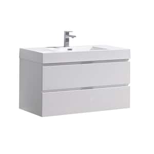 Valencia 40 in. W Wall Hung Bathroom Vanity in Glossy White with Acrylic Vanity Top in White