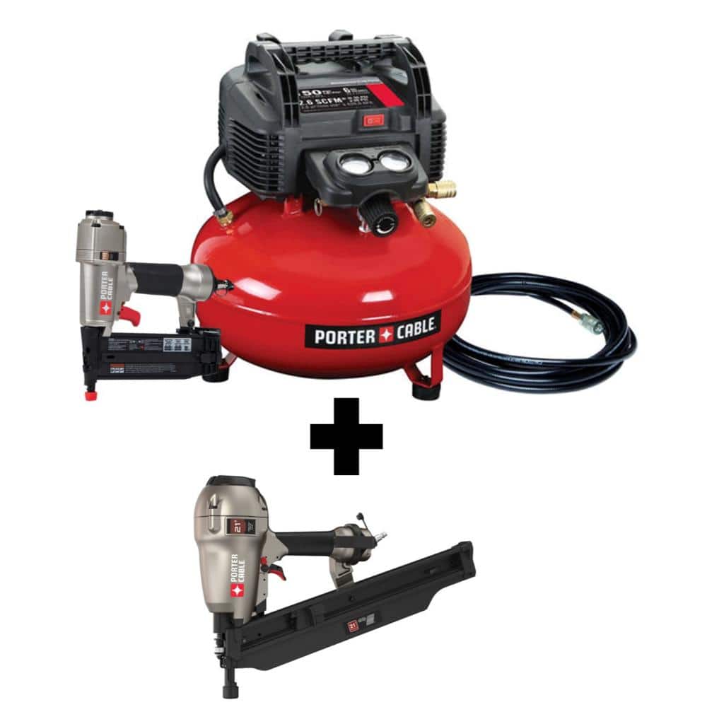 Porter-Cable 6 gal. 150 PSI Portable Electric Air Compressor, 18-Gauge Brad Nailer and 21-Degree 3-1/2 in. Full Round Framing Nailer -  PCFP12236FR350B