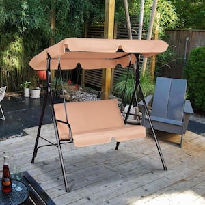 2-Person Steel Frame Patio Canopy Swing Glider with Brown Cushion Hammock Cushioned Steel Frame