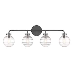 Mason 30.50 in. 4-Light Matte Black Vanity Light with Clear Swirl Glass Shades
