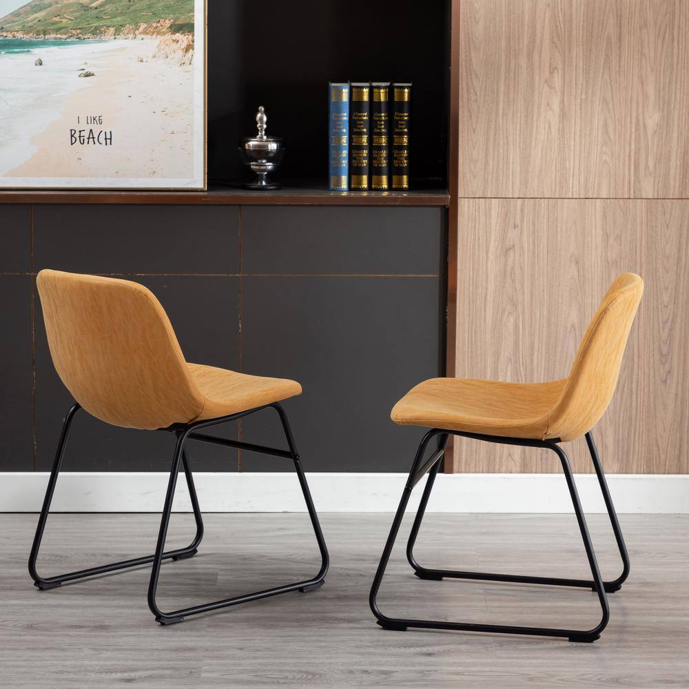 Tan Faux Leather Upholstered Armless Side Chairs with Metal Legs, Set of 2