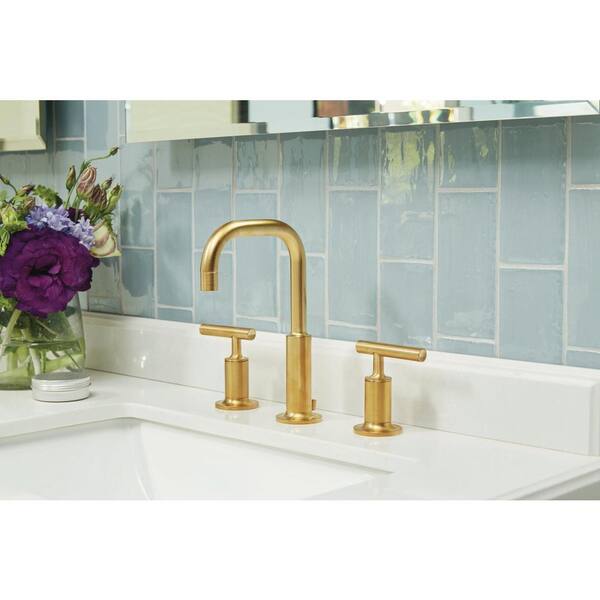 KOHLER - Purist 8 in. Widespread 2-Handle Mid-Arc Water-Saving Bathroom Faucet in Vibrant Modern Brushed Gold