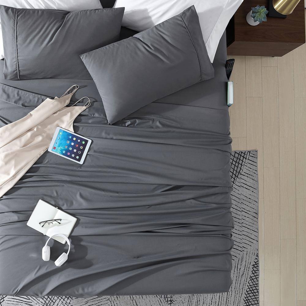 Gray Queen Microfiber Sheet Set with Smart Storage Pockets