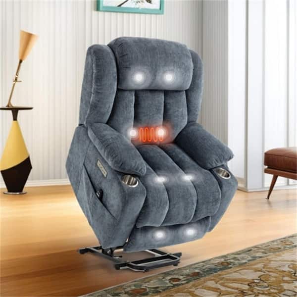 Blue Chenille Power Lift Recliner Chair with 8-Point Vibration Massage, Lumbar Heating, Cup Holders, USB Ports