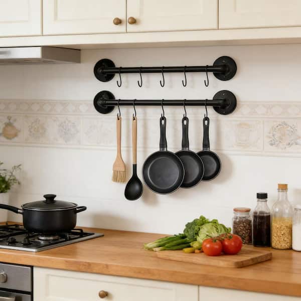 2-Pack Black 21 in. Industrial Pipe Wall Mounted Pot Rack and Utensil Hanger Kitchen Pot Storage Organizer