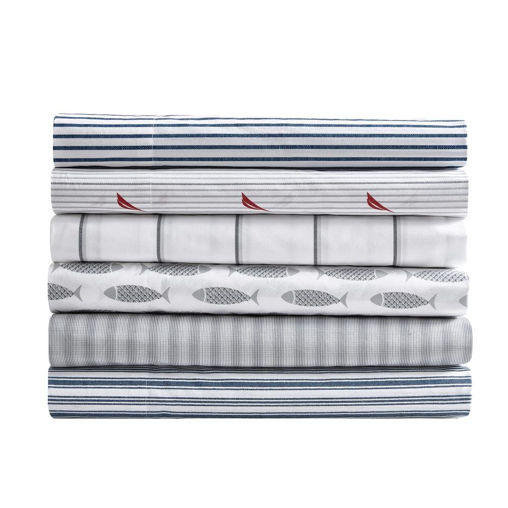 Gray Cotton Percale Queen Sheet Set with Fish Print
