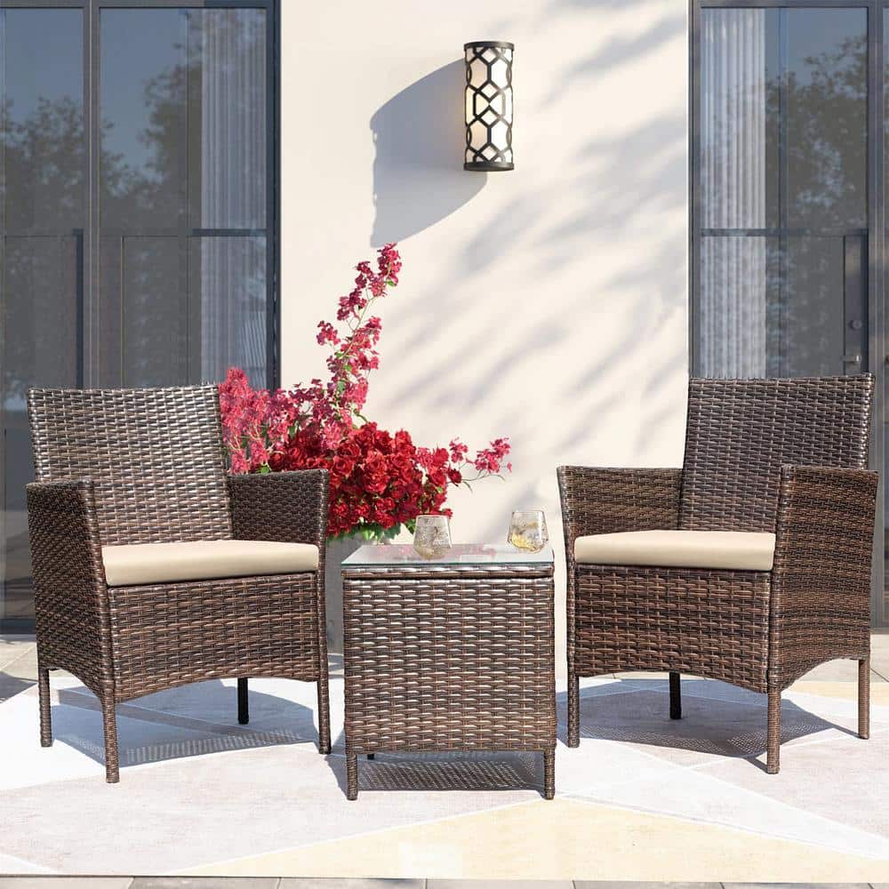 3-Piece Wicker Patio Conversation Set with Beige Cushion and Glass Coffee T