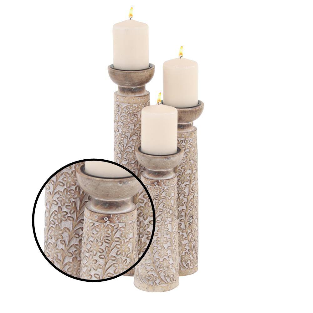 Rustic Elegance Mango Wood Carved Candle Holders, Brown Floral Set of 3