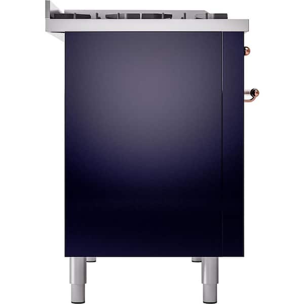 Nostalgie II 48 in. Dual Fuel Natural Gas Range with 8 Burners, Griddle, Copper Trim in Midnight Blue