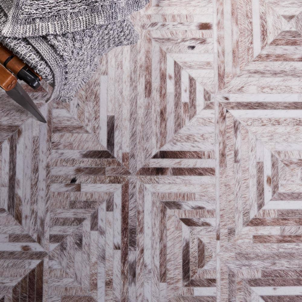 Beige and Brown Faux Fur Geometric 6' x 9' Area Rug