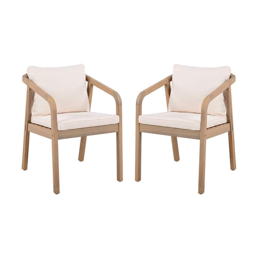 Clay Modern Solid Wood Patio Outdoor Dining Chair with Cream Cushions, Rope Back, Light Teak Finish, (Set of 2)