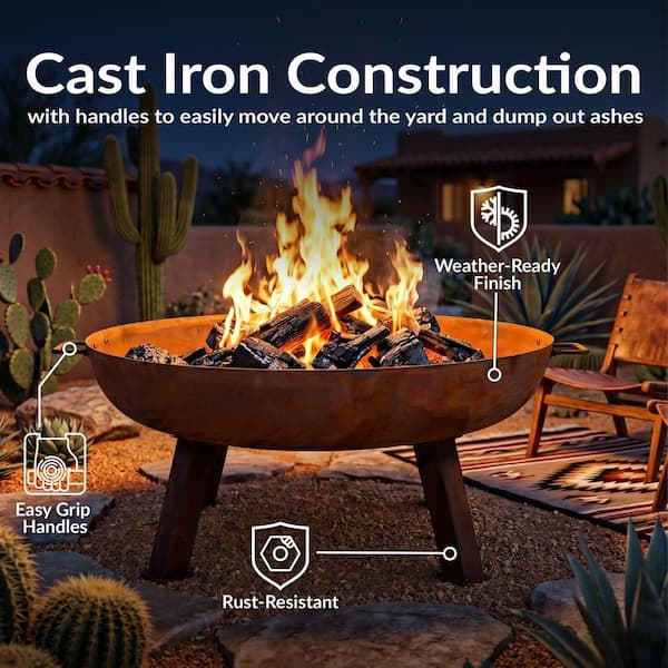 Sunnydaze Rustic 34 in. x 15 in. Round Large Cast Iron Wood