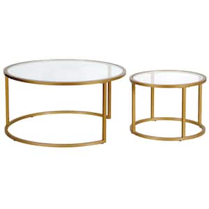 Watson 35 in. Brass Round Glass Top Coffee Table with 2 Nested Tables
