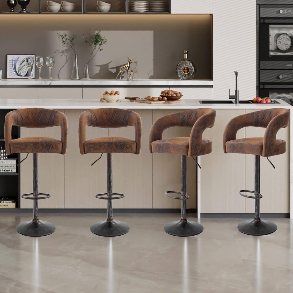 25.59 in. H Brown Metal Bar Stools with Faux Leather Seat Set of 4 Adjustable Kitchen Island Stools with Footrest price history on PriceWatchPro