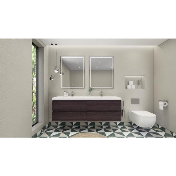 Moreno Bath Bohemia 72 in. W Bath Vanity in Dark Gray Oak with Reinforced Acrylic Vanity Top in White with White Basins