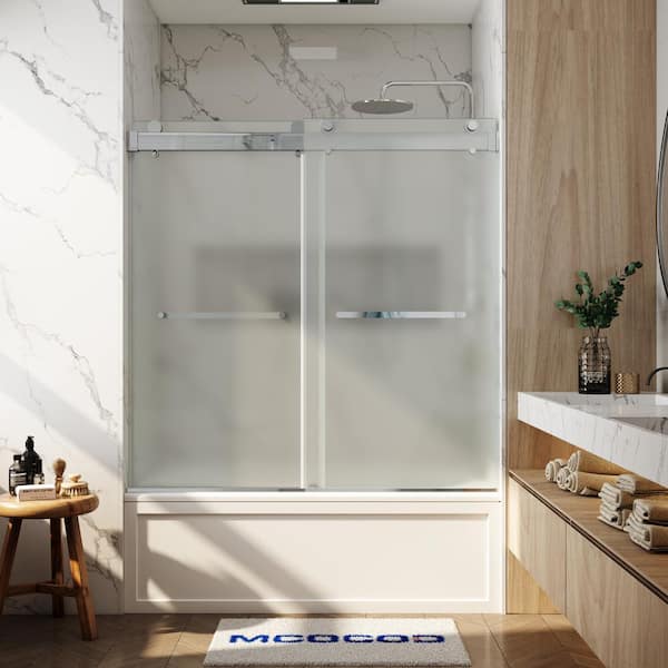MCOCOD 56-60.75 in. W x 66 in. H Double Sliding Frameless Soft Close Tub Door in Chrome with 3/8 in. Frosted Glass