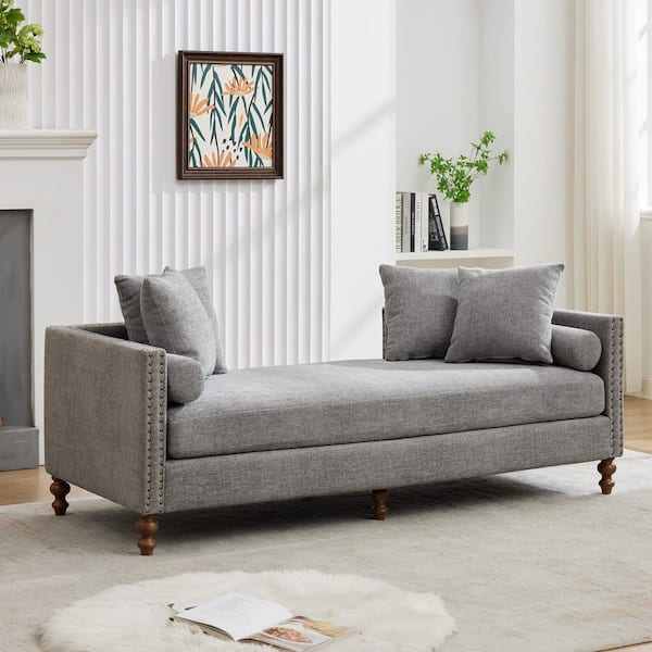 Victoria Chenille Upholstered Rectangle Sofa in Gray with Nailheads, 4 Pillows, 2 Bolsters, Gourd Wood Legs