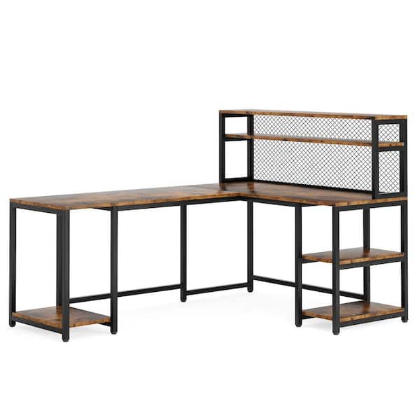 Tribesigns Lantz 66.92 in. L-Shaped Rustic Brown Wood and Metal Computer Desk with 5 Storage Shelves 2 Tier Bookshelf