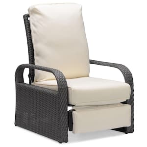 1-Piece Wicker Outdoor Automatic Adjustable Recliner Chair with Beige Comfy Thicken Cushion, All Weather Aluminum Frame