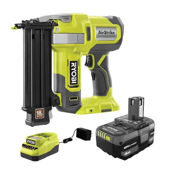 RYOBI ONE+ 18V 18-Gauge Cordless AirStrike Brad Nailer with 4.0 Ah Battery and Charger