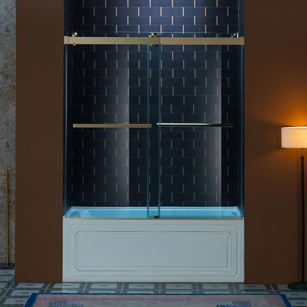 60 in. W x 62 in. H Double Sliding Frameless Tub Door in Brushed Bronze Finish with 3/8 in. Clear Glass