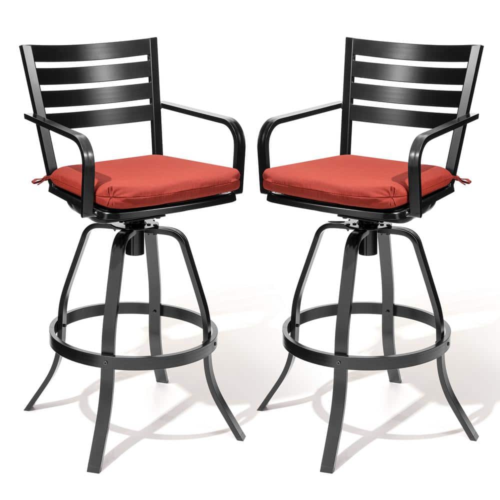 Red Cushioned Black Cast Aluminum Swivel Bar Height Armchair