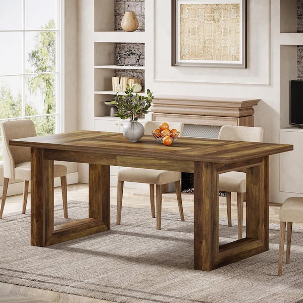 BYBLIGHT Roesler Brown Wood 63 in. W Double Pedestal Rectangle Dining Table, Kitchen Table with Wood Frame Seats 8 (Only Table)
