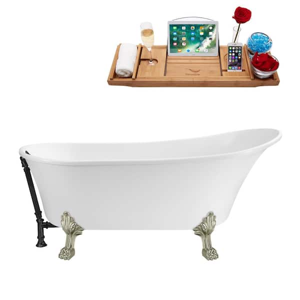Streamline 67 in. Acrylic Clawfoot Non-Whirlpool Bathtub in Glossy White With Brushed Nickel Clawfeet And Matte Black Drain