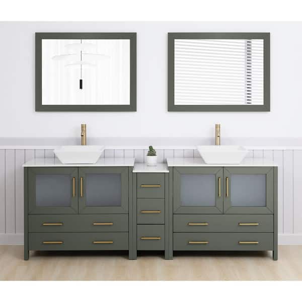 84 in. W Double Basin Vintage Green Bath Vanity with White Engineered Marble Top and Mirror