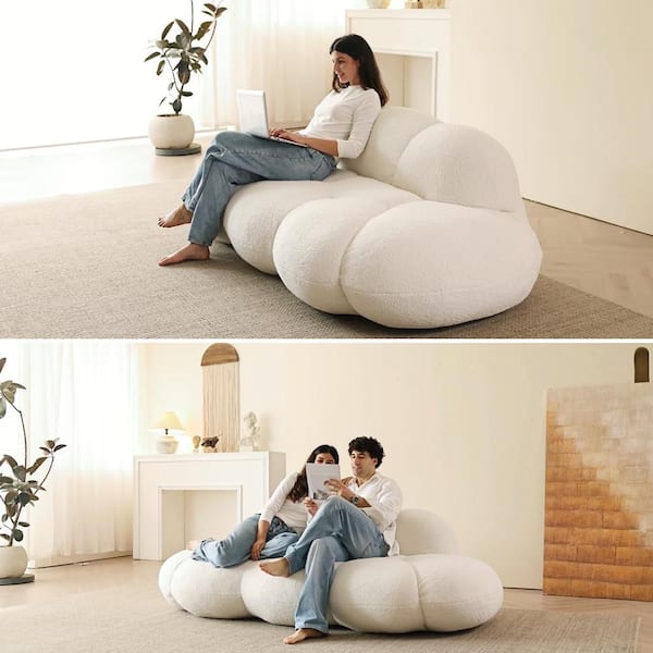 Leisure Boneless Couch, (Set of 2) White Berber Fleece Fabric Memory Foam Curved Living Room Set for Bedroom, Apartment