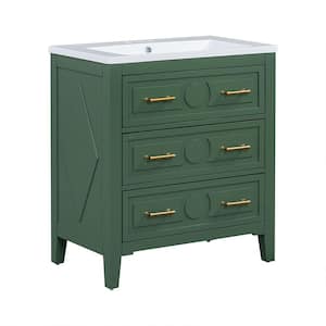 30 in. Freestanding Bath Vanity Cabinet in Green with White Resin Sink Top Combo and 3-Drawers