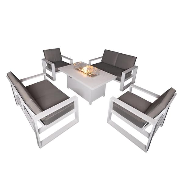 PATIOPTION Aluminum Patio Conversation Set with Gray Cushion, White 55.12 in. Fire Pit Table Sofa Set - 2 Armchair+2xLoveseat