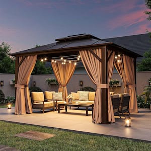 10 ft. x 12 ft. Hardtop Outdoor Double Roof Gazebo with Netting and Curtains for Backyard