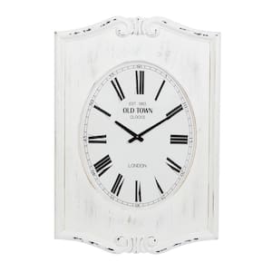 22 in. x 31 in. White Wood Carved Distressed Floral Wall Clock