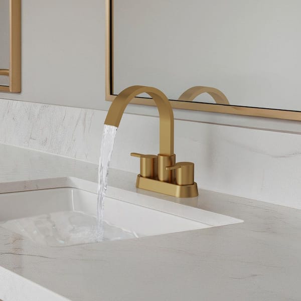 4 in. Waterfall Centerset Double-Handle Bathroom Sink Faucet Drain Included in Brushed Gold