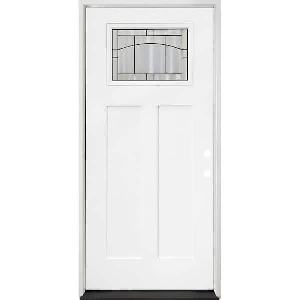 Steves & Sons Promo Legacy 36 in. x 80 in. Top Lite Left-Hand Inswing Deco Glass White Primed Fiberglass Prehung Front Door W/BM