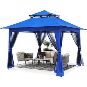13 ft. x 13 ft. Blue Steel Pop Up Portable Gazebo Outdoor Patio Canopy Double Roof with Mosquito Netting